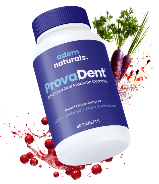 ProvaDent bottle by Adem Naturals shown with cranberries and purple carrots, two of the formula's ingredients